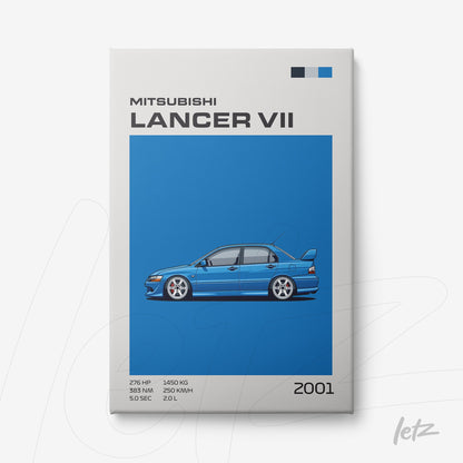 quadro com arte digital do carro Mitsubishi Lancer VII em fundo azul vibrante