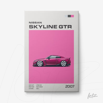 quadro com ilustração digital de carro esportivo Nissan Skyline GTR em fundo rosa vibrante