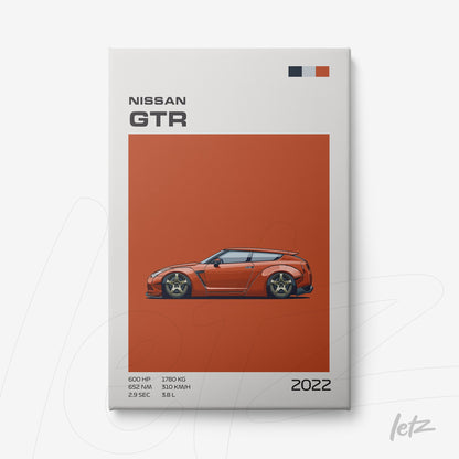 quadro com arte digital do carro Nissan GTR em fundo laranja, destacando suas especificações