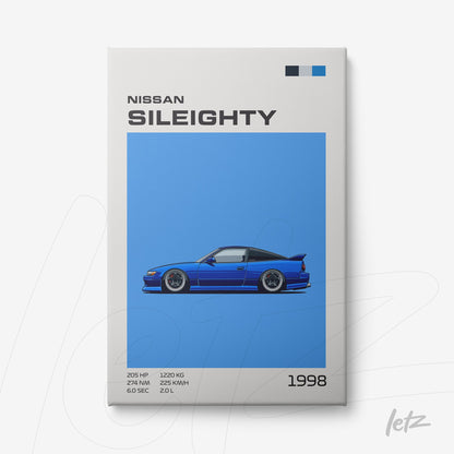 quadro com arte digital do carro Nissan Sil80 de 1998 em fundo azul vibrante