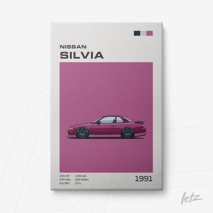 quadro com ilustração do carro Nissan Silvia de 1991 em fundo rosa vibrante
