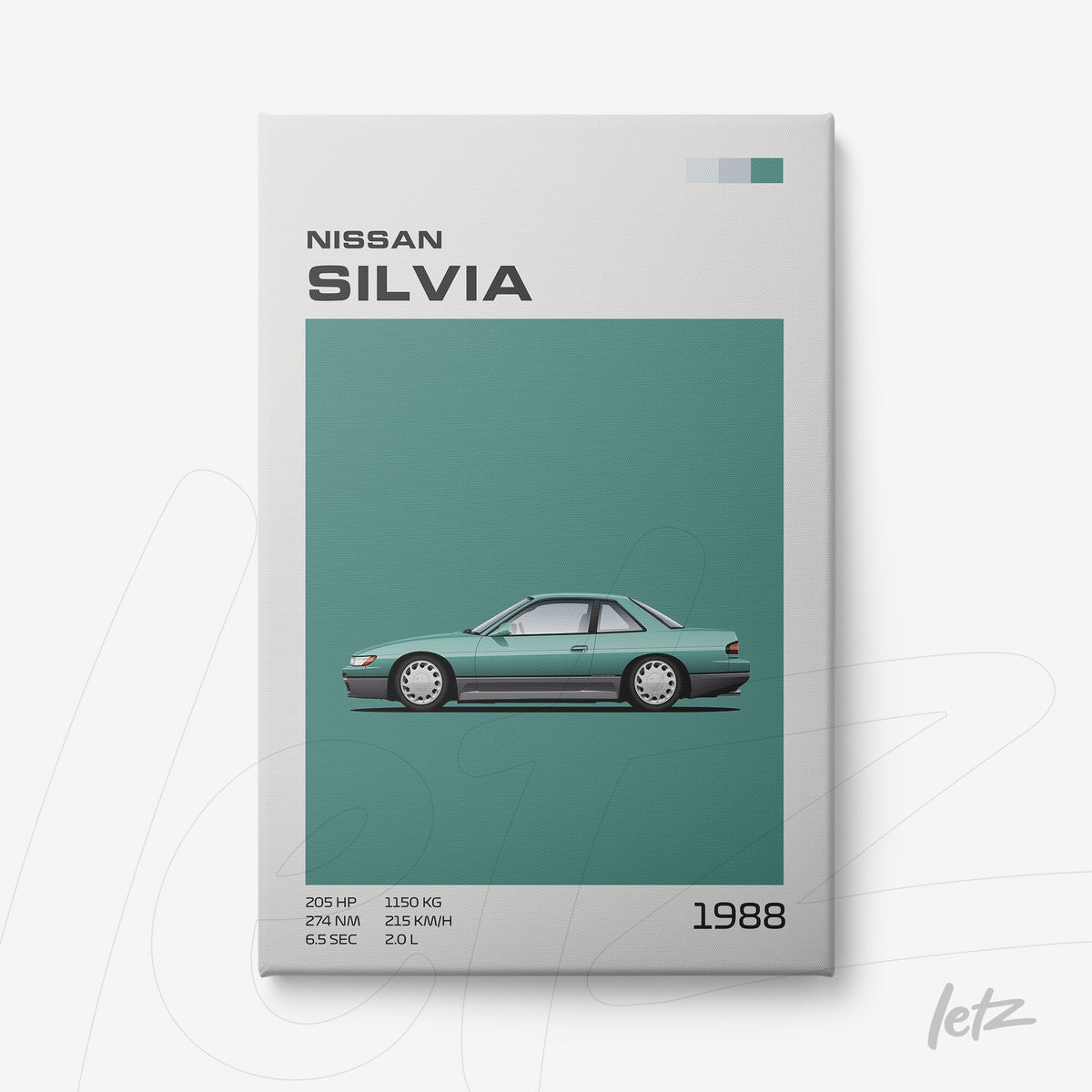quadro com ilustração minimalista do carro Nissan Silvia de 1988 em fundo verde