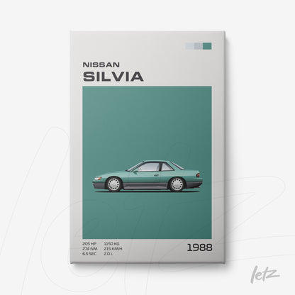 quadro com ilustração minimalista do carro Nissan Silvia de 1988 em fundo verde