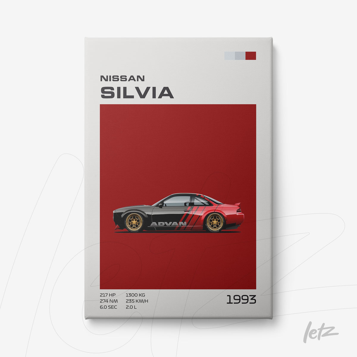 quadro em canvas com arte minimalista do carro Nissan Silvia de 1993 em fundo vermelho