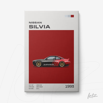 quadro em canvas com arte minimalista do carro Nissan Silvia de 1993 em fundo vermelho