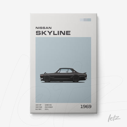 quadro com ilustração de carro Nissan Skyline de 1969 em fundo azul claro
