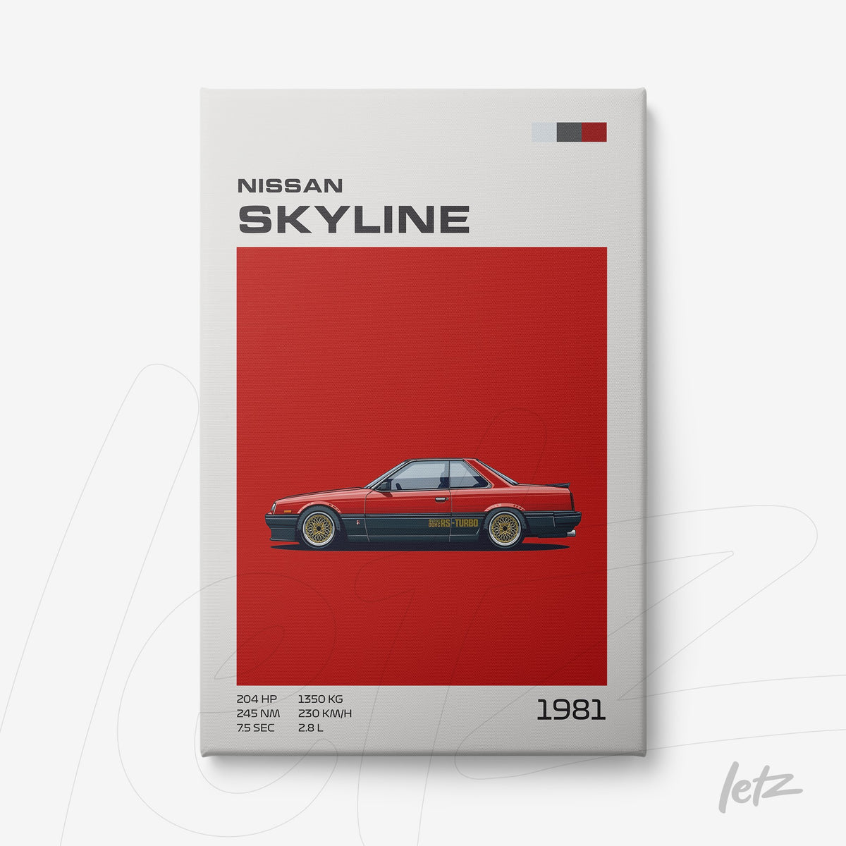 quadro em tela com ilustração do carro Nissan Skyline de 1981 em fundo vermelho vibrante