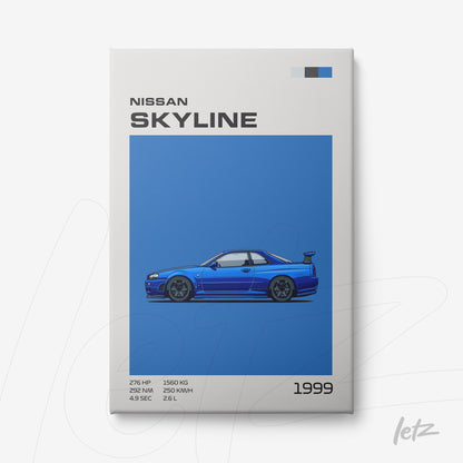 quadro com arte digital de carro esportivo Nissan Skyline 1999 em fundo azul e tipografia moderna