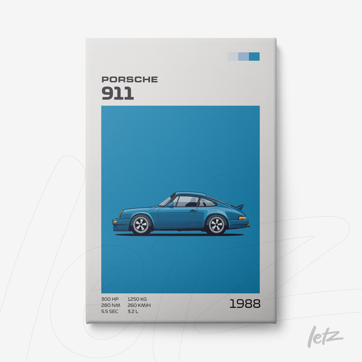 quadro em canvas de um Porsche 911 azul de 1988 com fundo azul vibrante e informações sobre o carro