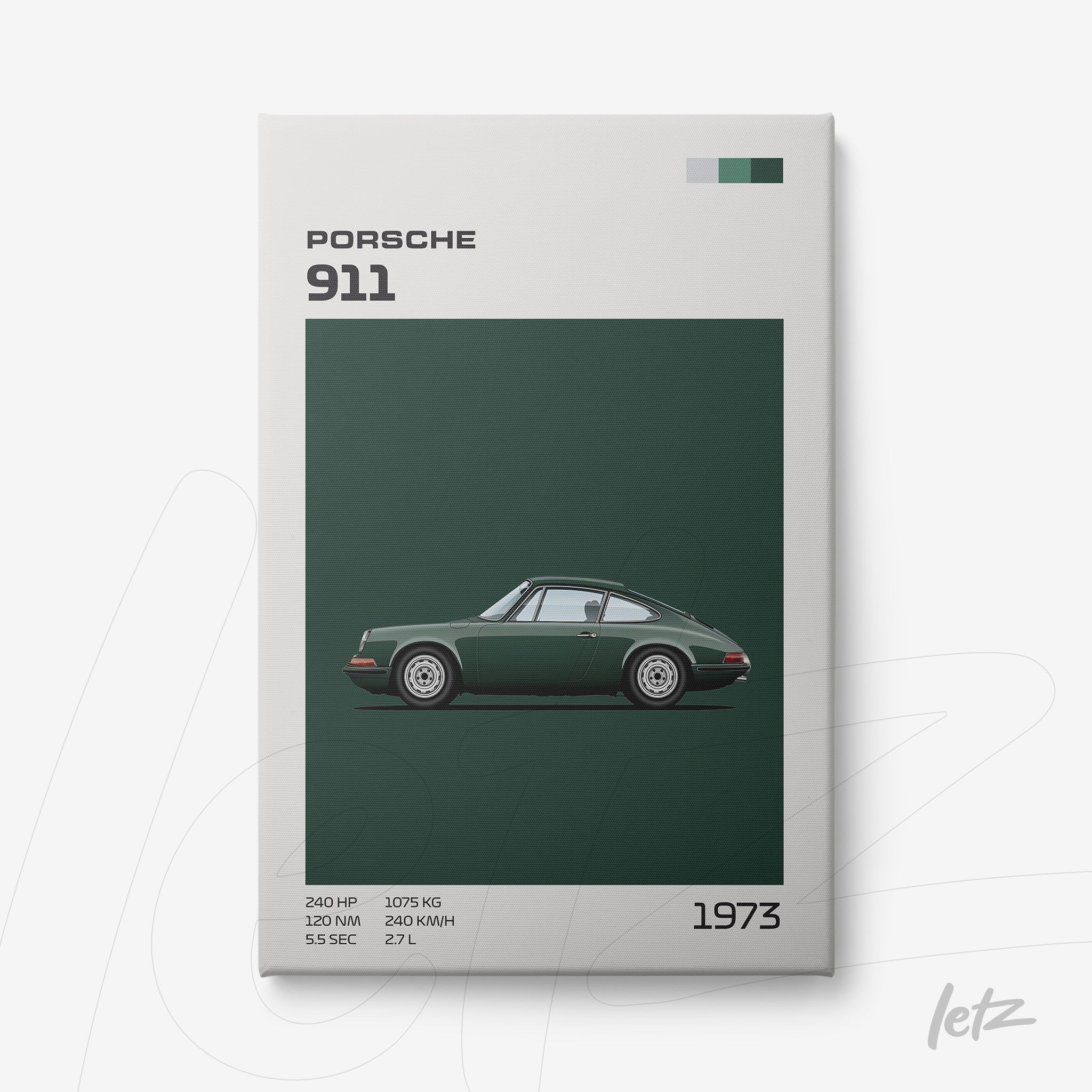 quadro em tela de um Porsche 911 de 1973 em fundo verde escuro com detalhes em branco