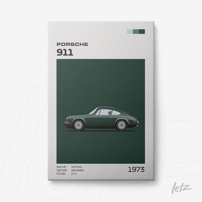 quadro em tela de um Porsche 911 de 1973 em fundo verde escuro com detalhes em branco