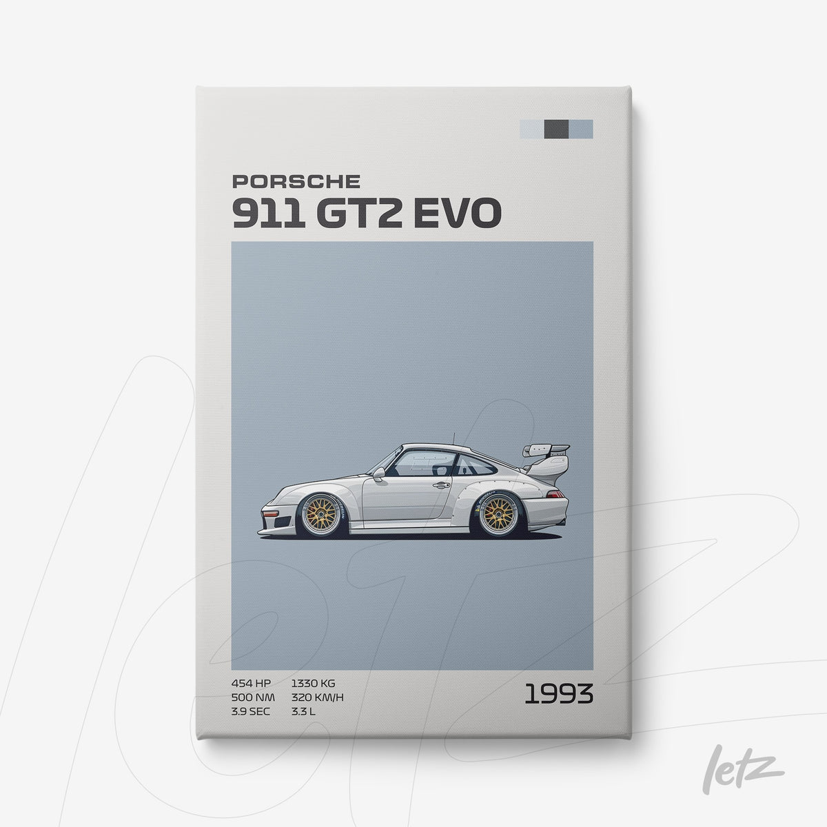 quadro com ilustração minimalista do carro esportivo Porsche 911 GT2 EVO em fundo azul claro