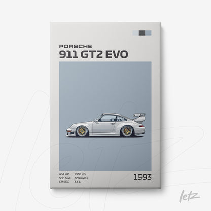 quadro com ilustração minimalista do carro esportivo Porsche 911 GT2 EVO em fundo azul claro