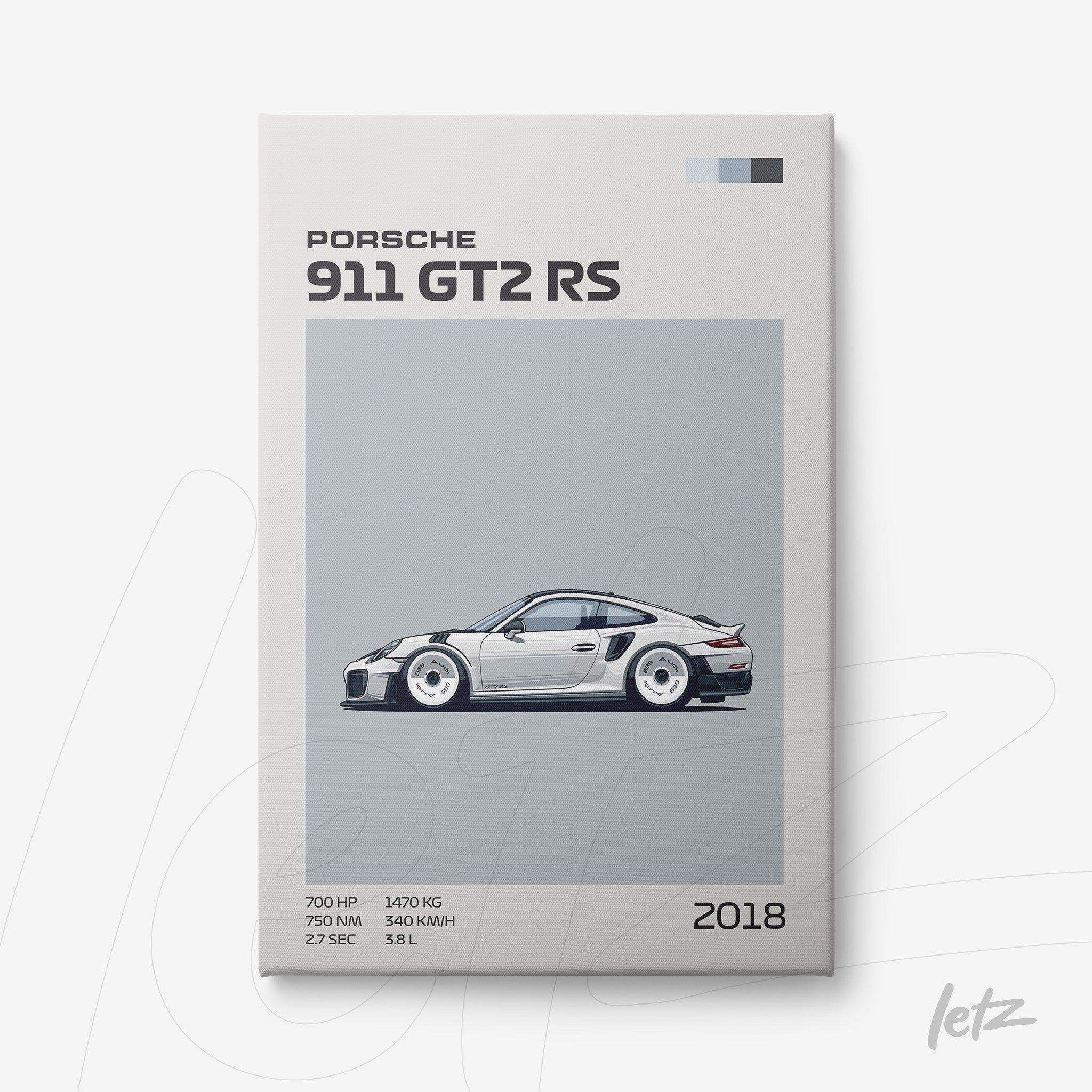 quadro com ilustração de carro esportivo Porsche 911 GT2 RS em fundo cinza claro