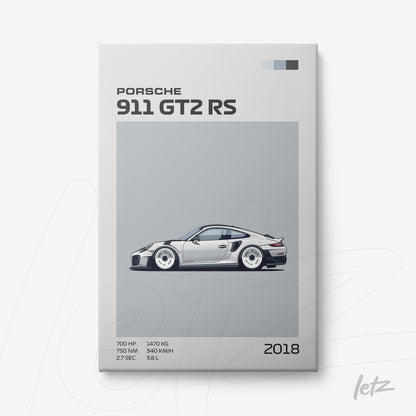 quadro com ilustração de carro esportivo Porsche 911 GT2 RS em fundo cinza claro