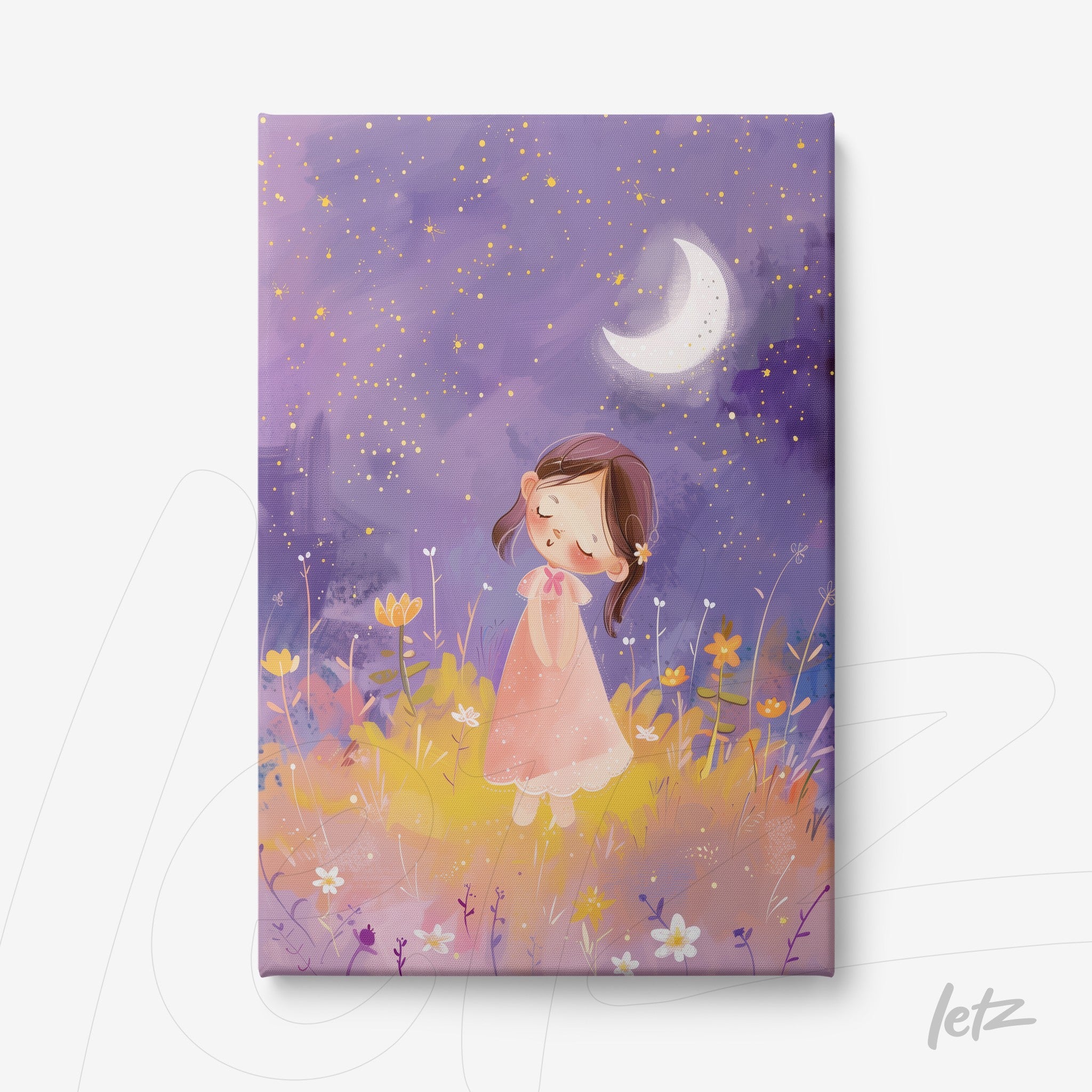quadro em canvas com ilustração suave de menina em vestido rosa em meio a flores sob um céu estrelado com lua crescente