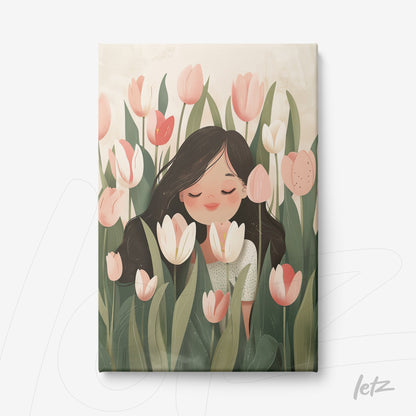 quadro em canvas com ilustração de mulher cheirando flores em um campo de tulipas coloridas
