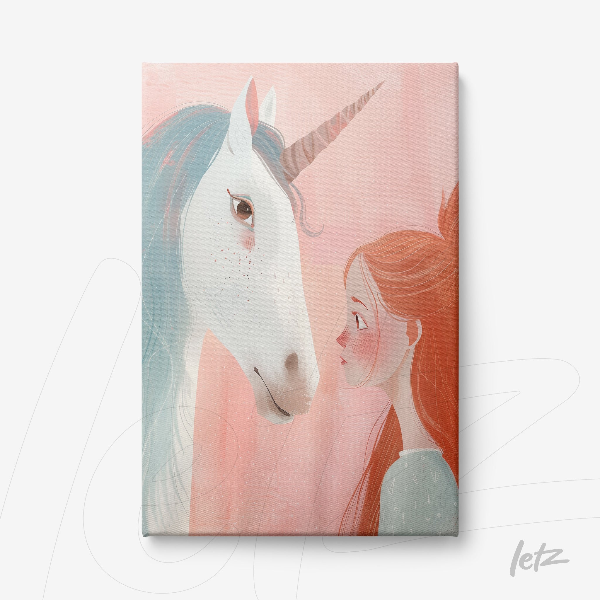 quadro em canvas com ilustração de uma menina e um unicórnio em fundo rosa suave