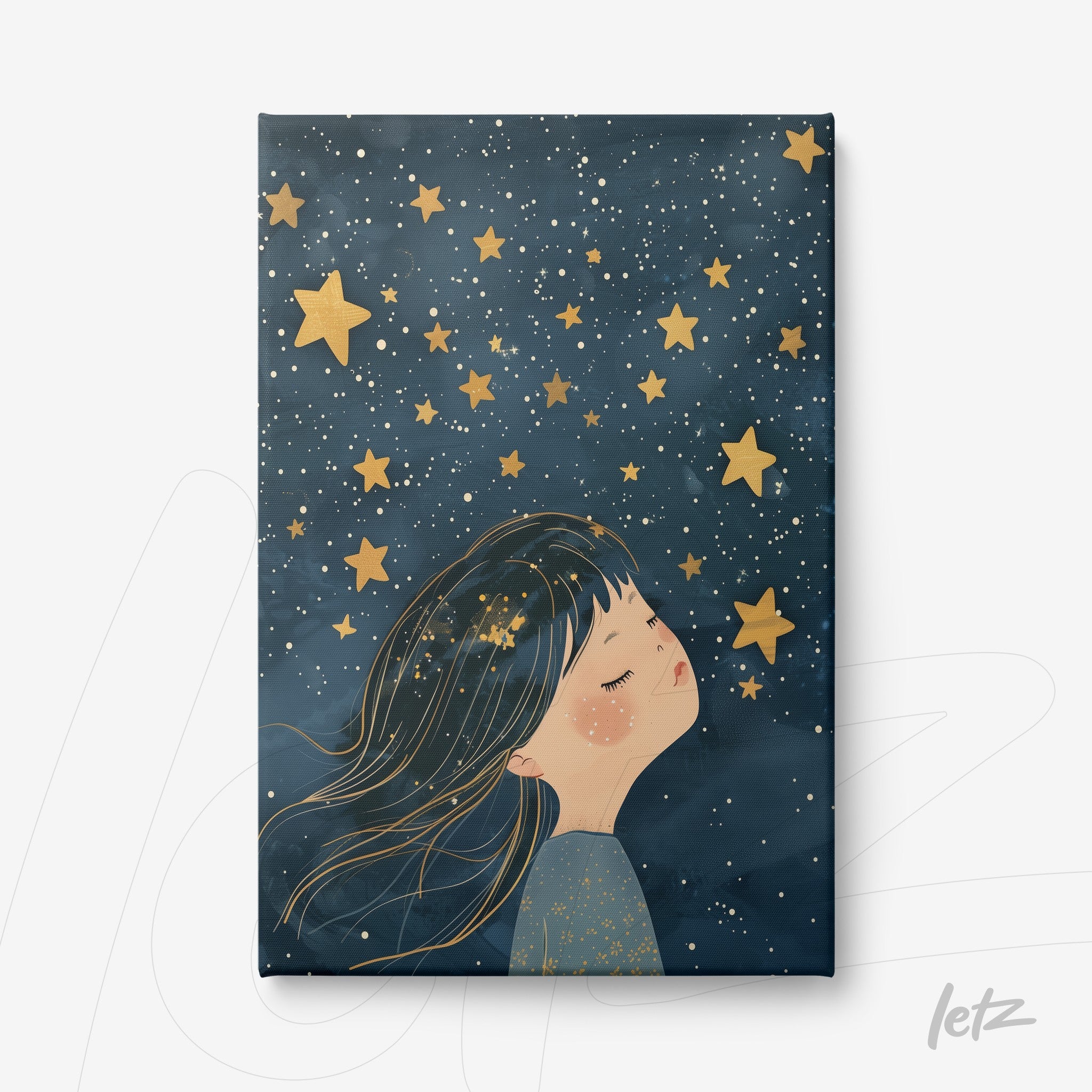 quadro com arte infantil de menina sonhando sob um céu estrelado em fundo azul