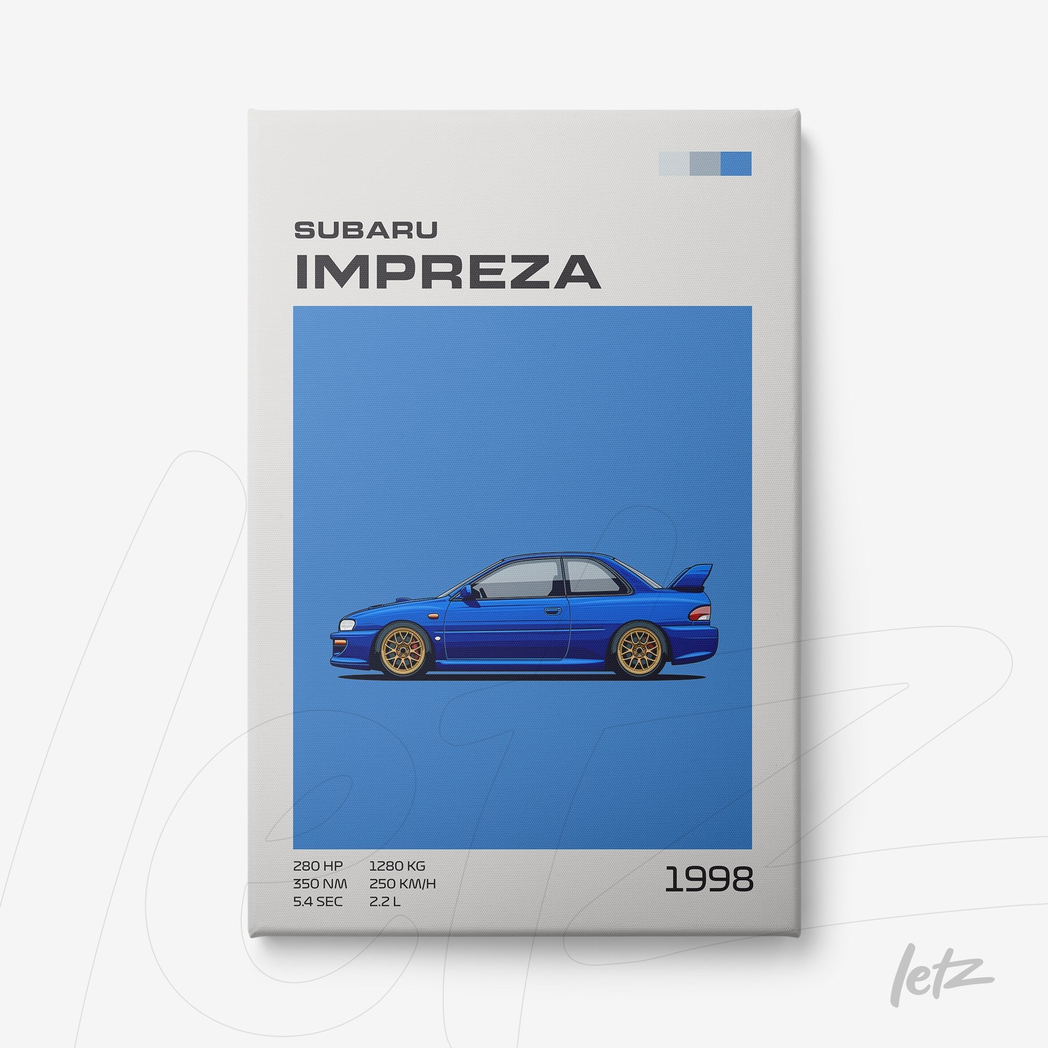 quadro com arte digital do carro Subaru Impreza de 1998, em fundo azul vibrante e moldura branca