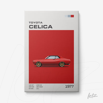 quadro com ilustração minimalista do carro Toyota Celica 1977 em fundo vermelho