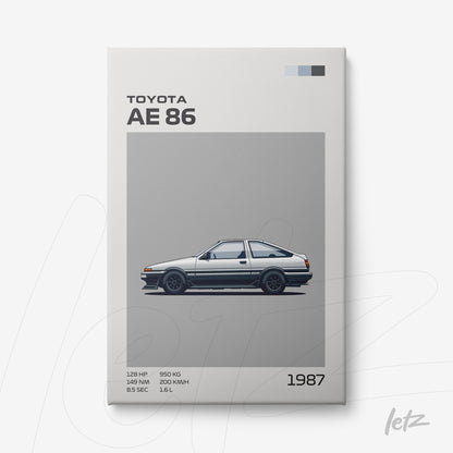 quadro com arte minimalista do carro Toyota AE 86 em fundo cinza