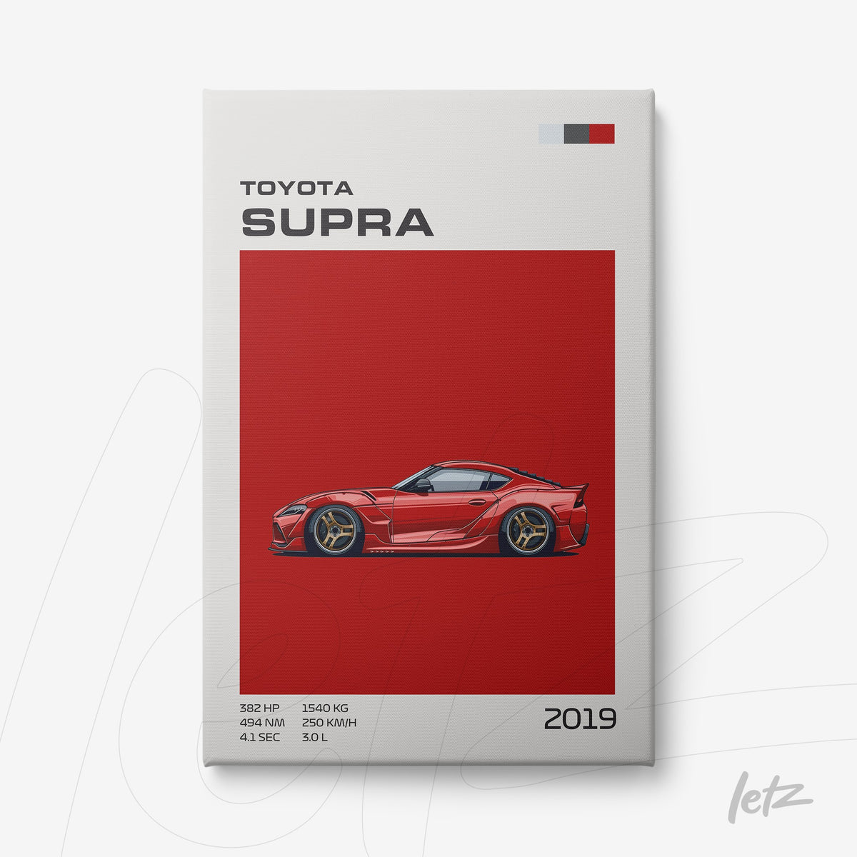 quadro com arte digital daToyota Supra 2019 em fundo vermelho com detalhes técnicos