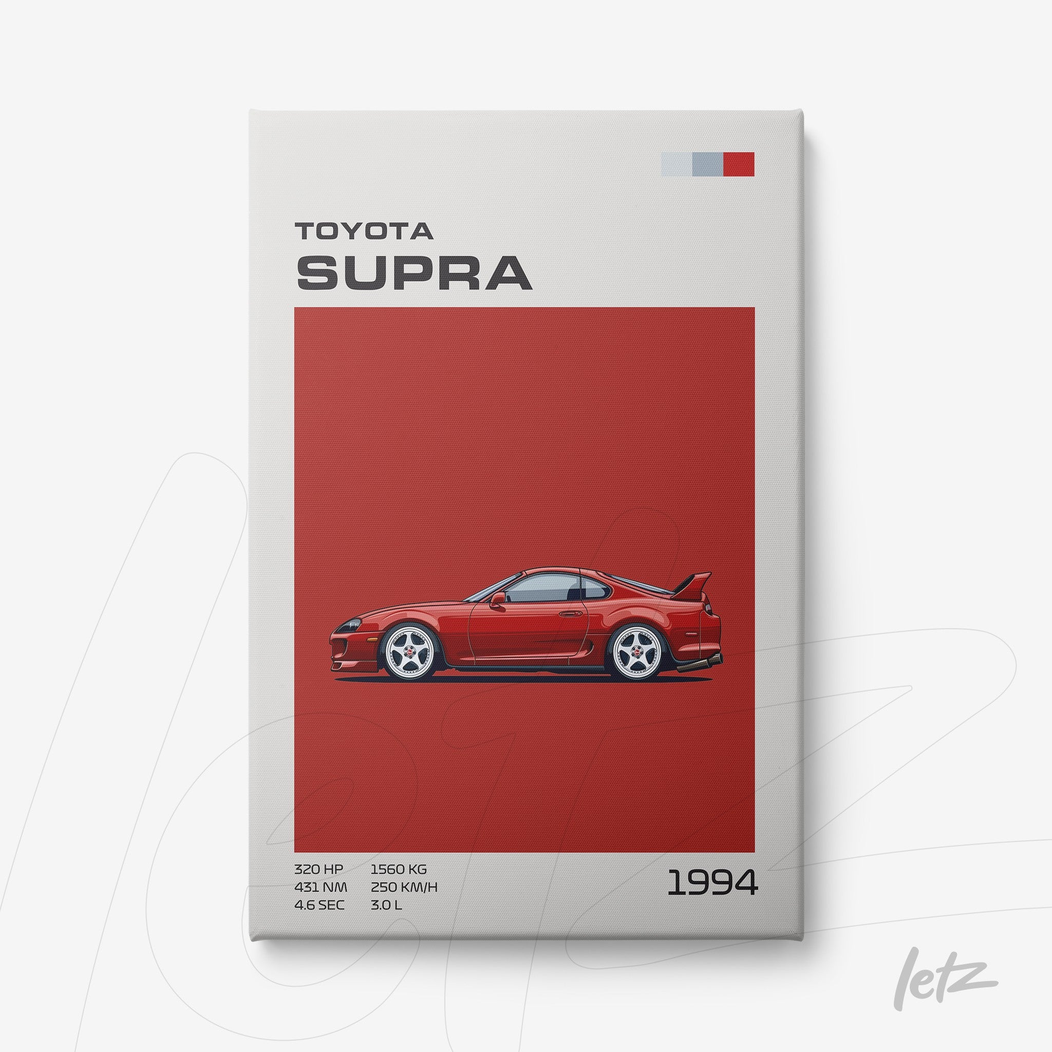 quadro com arte digital do carro esportivo Toyota Supra de 1994 em fundo vermelho