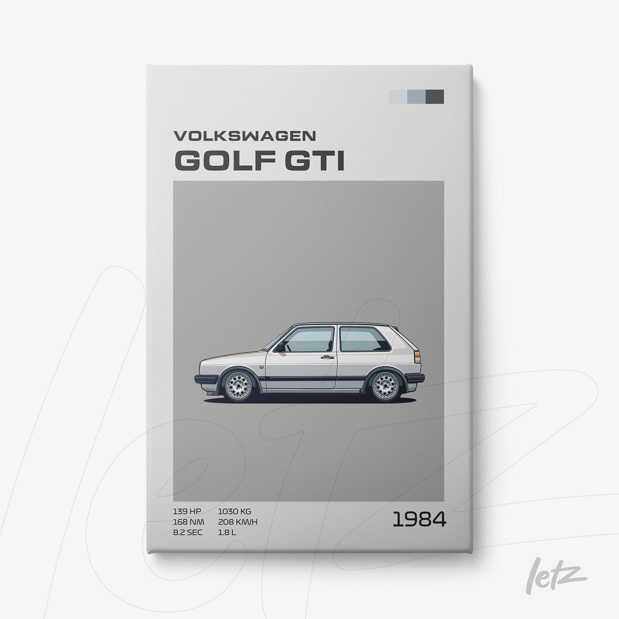 quadro com ilustração do carro Volkswagen Golf GTI de 1984 em fundo cinza claro
