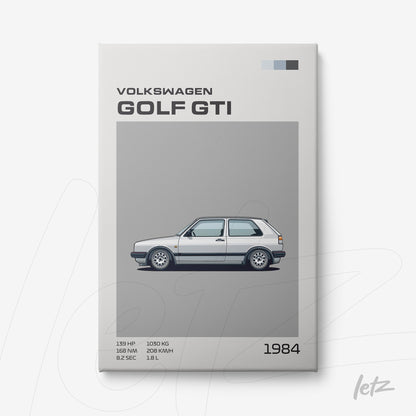quadro com ilustração do carro Volkswagen Golf GTI de 1984 em fundo cinza claro