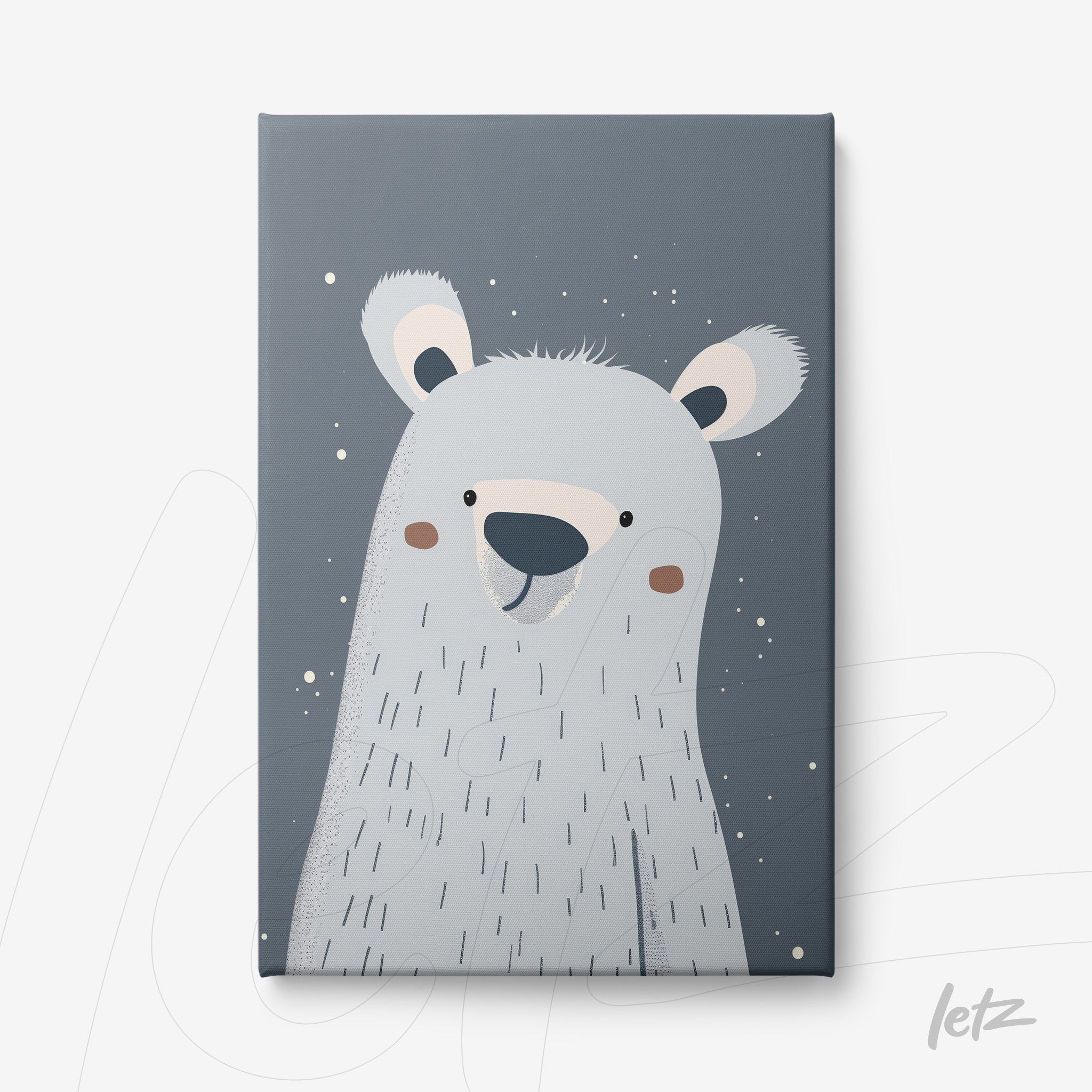 quadro em tela canvas com ilustração de urso polar em fundo azul acinzentado com detalhes brancos