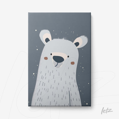 quadro em tela canvas com ilustração de urso polar em fundo azul acinzentado com detalhes brancos