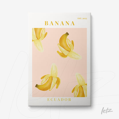 quadro com desenho de bananas em fundo rosa com texto 'BANANA' e 'ECUADOR'
