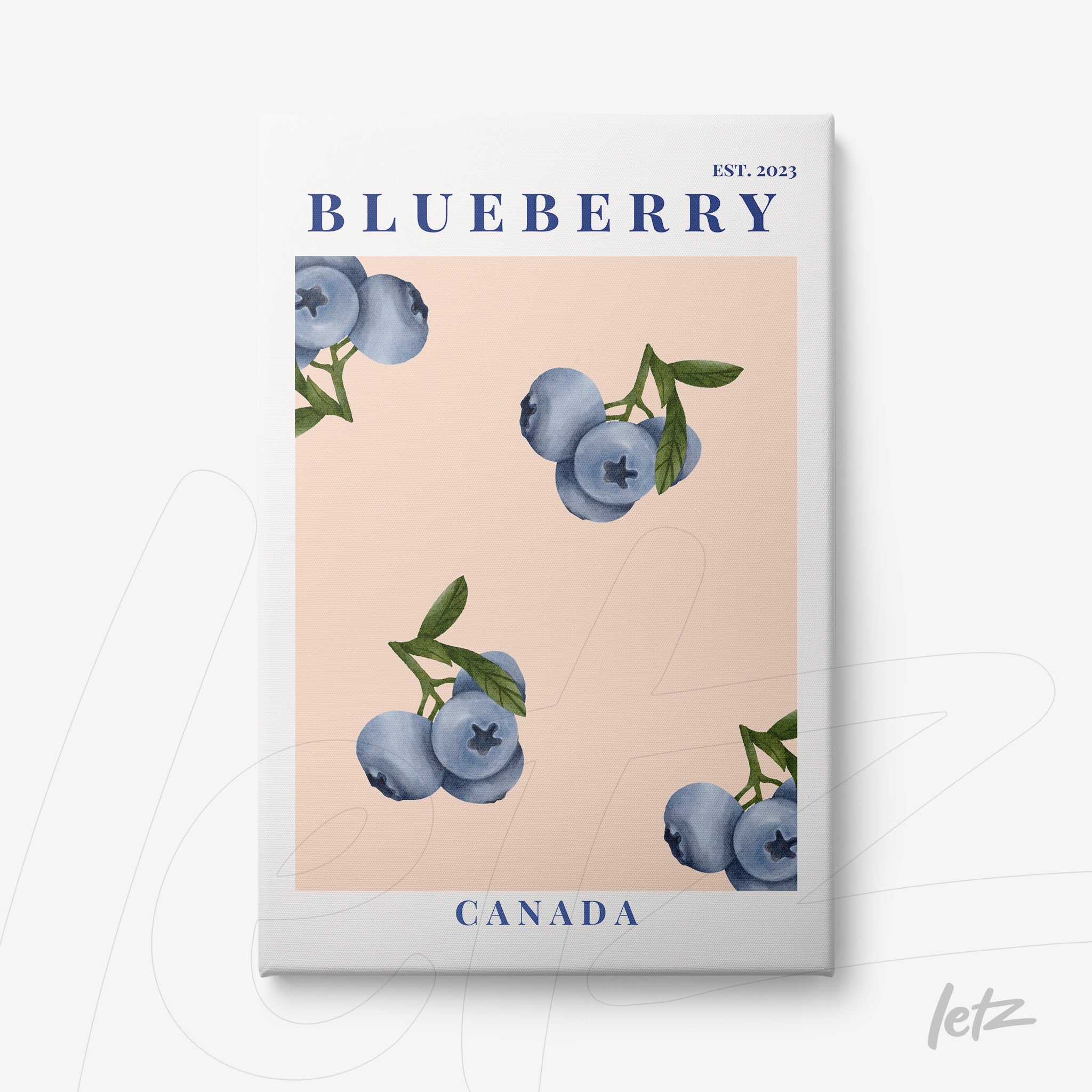 quadro com ilustração de mirtilos em fundo rosa e detalhes em azul, com texto 'BLUEBERRY' e 'CANADA'