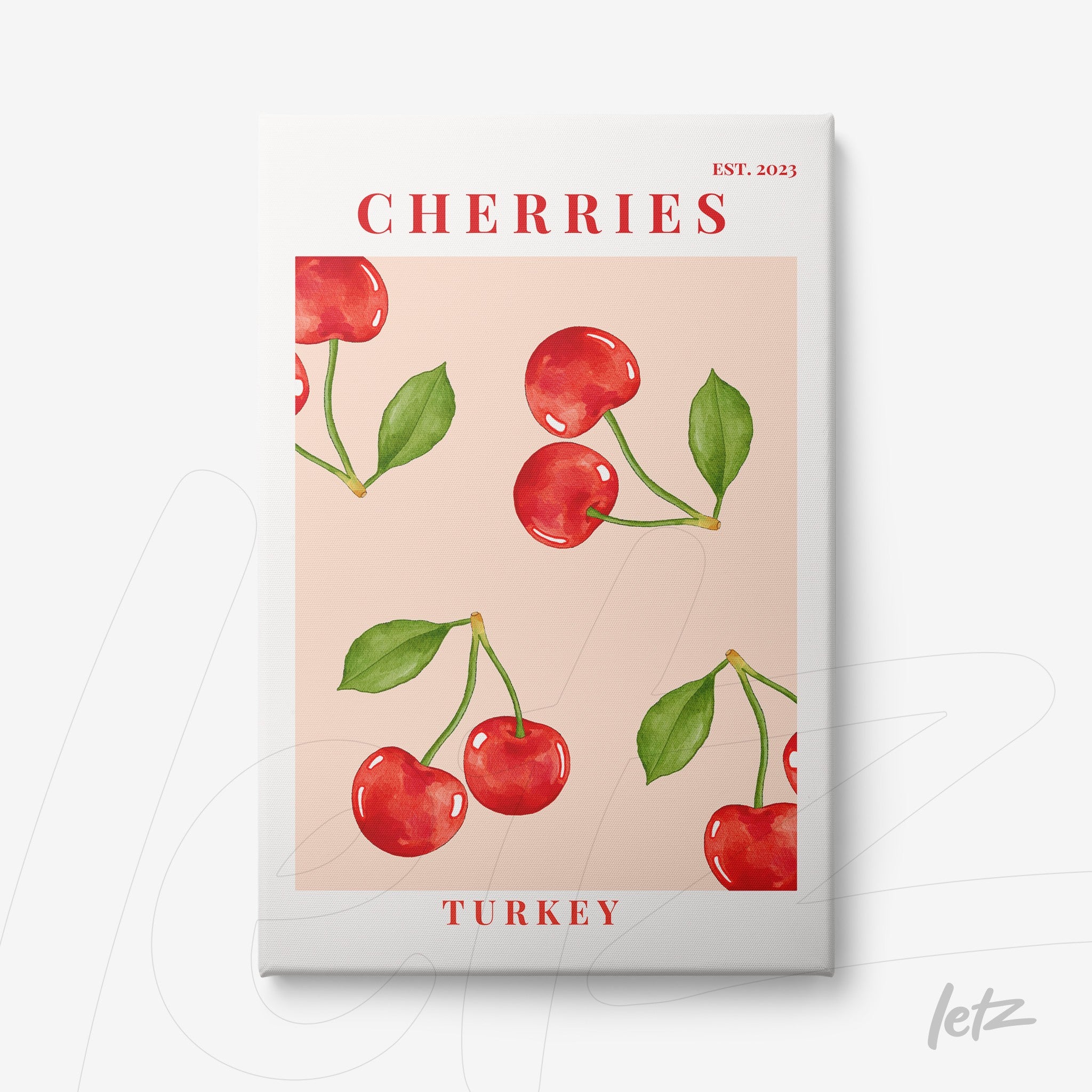 quadro em canvas com ilustração de cerejas vermelhas sobre fundo rosa, detalhes em folhas verdes e texto 'CHERRIES' na parte superior