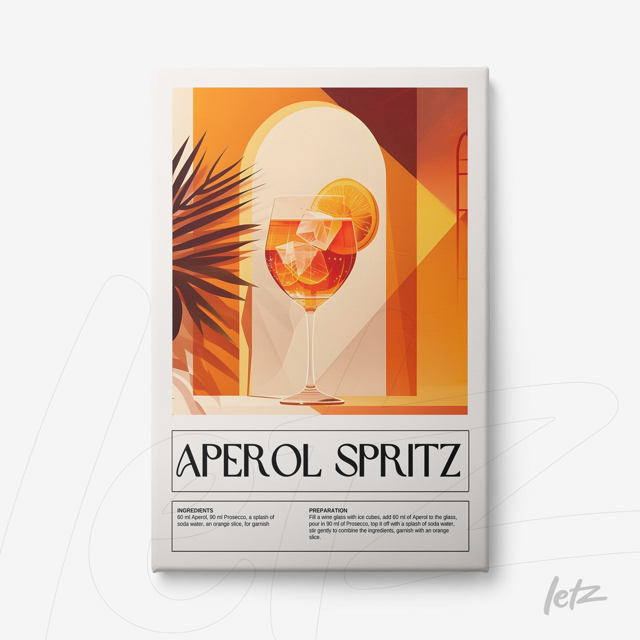 quadro com arte ilustrativa do drink aperol spritz em moldura branca, fundo laranja e elementos geométricos