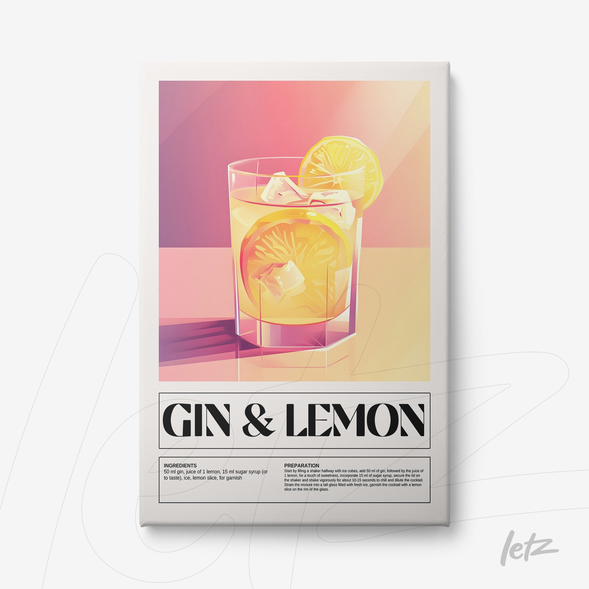 quadro com arte digital de coquetel gin com limão em moldura branca com fundo colorido