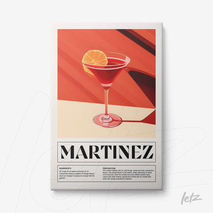 quadro com arte digital de cocktail martinez em fundo vermelho e laranja, com detalhes de ingredientes e preparação em texto e moldura branca