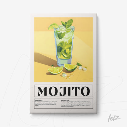 quadro com arte do drink mojito em copo alto com limões fatiados e folhas de hortelã em fundo amarelo
