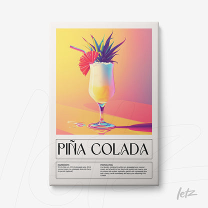 quadro com arte digital colorida de piña colada em copo de vidro com abacaxi e guarda-chuva, sobre fundo em gradiente