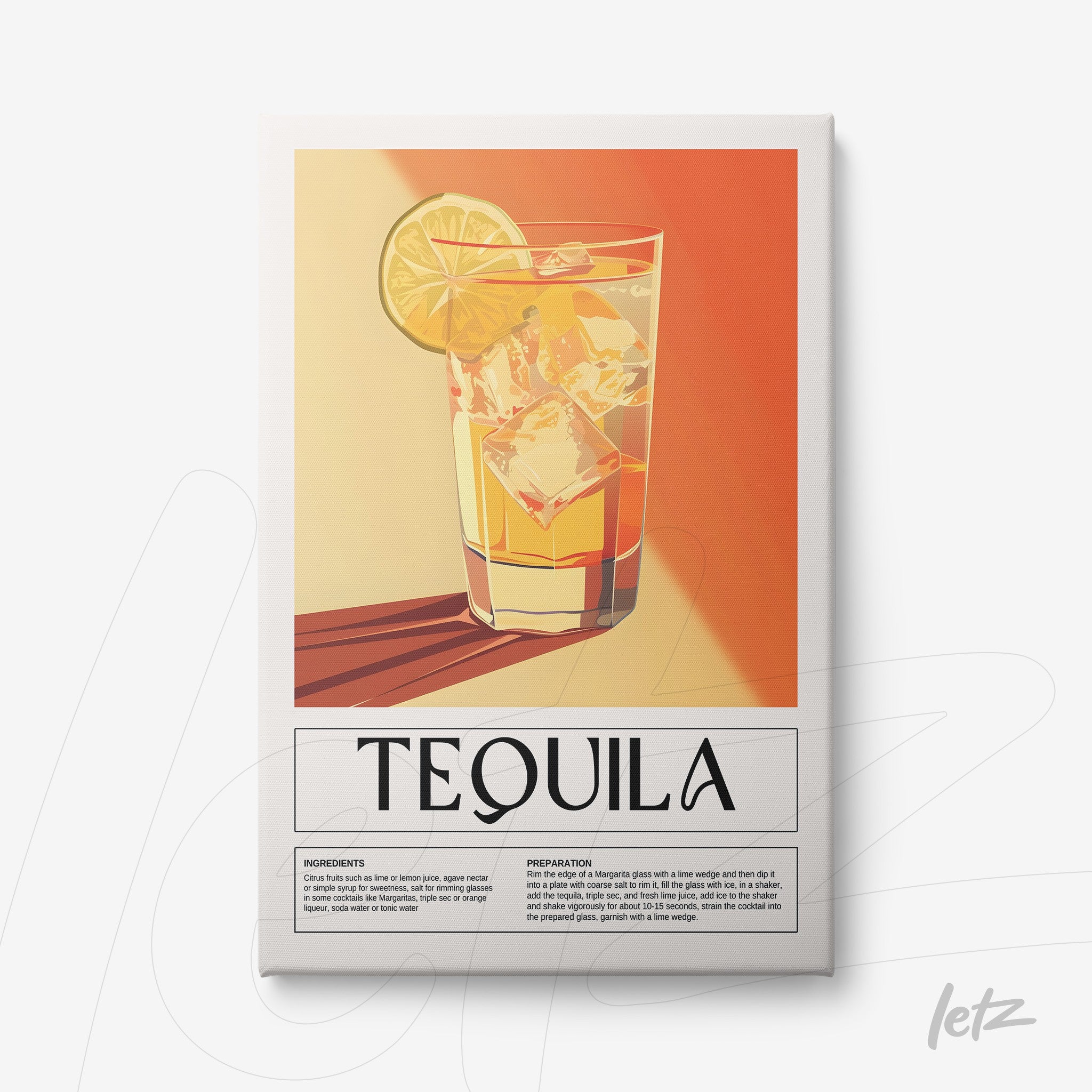 quadro com arte retrô de drink tequila em fundo laranja e detalhes de limão