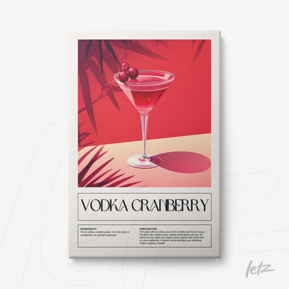 quadro com arte gráfica de coquetel vodka cranberry em fundo vermelho vibrante