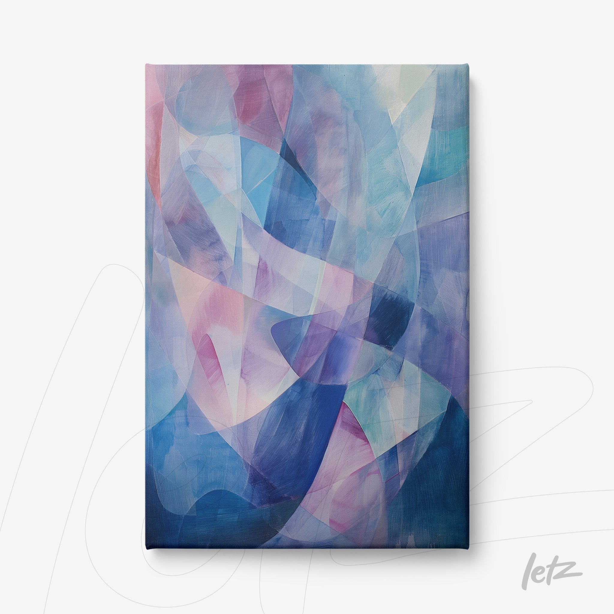 quadro em canvas com arte abstrata em tons de azul, rosa e lilás com formas fluidas