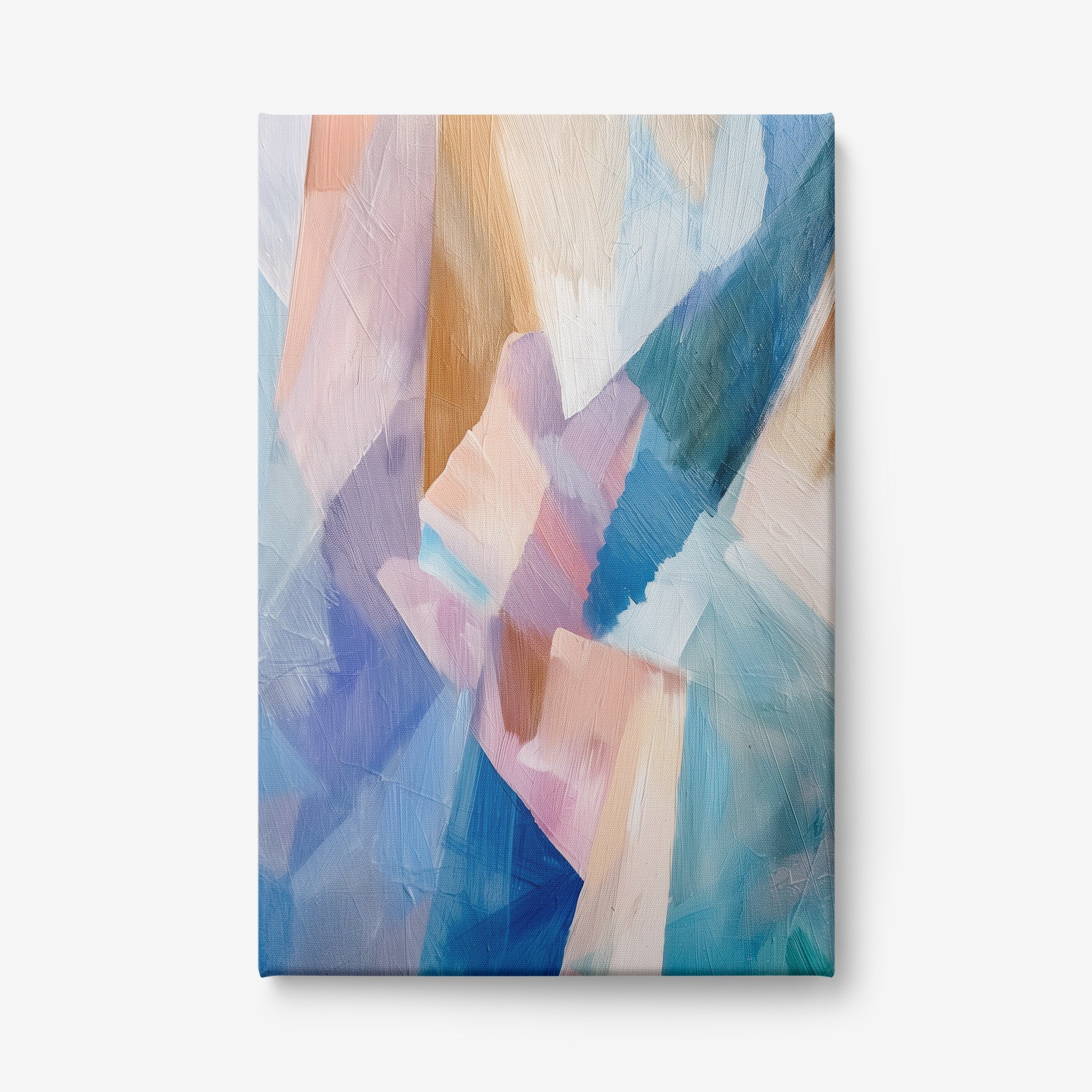 quadro em canvas com arte abstrata em camadas de tons pastel, destacando azuis, rosas e laranjas
