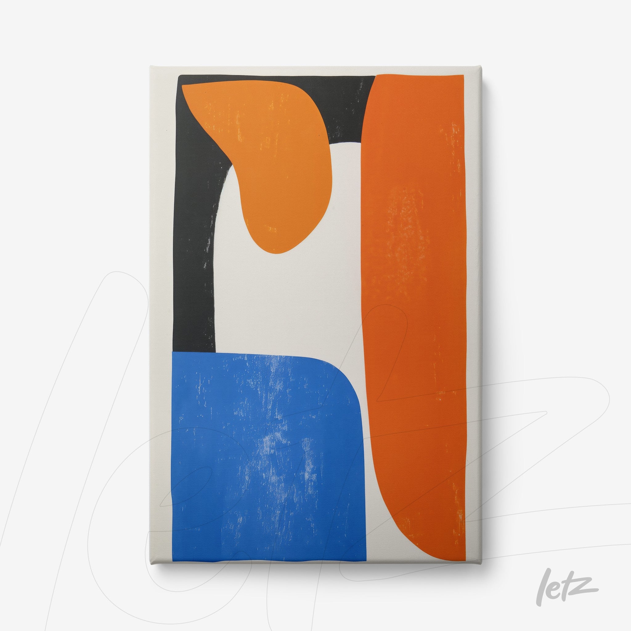 quadro em tela com arte abstrata em formas geométricas nas cores laranja, azul e preto