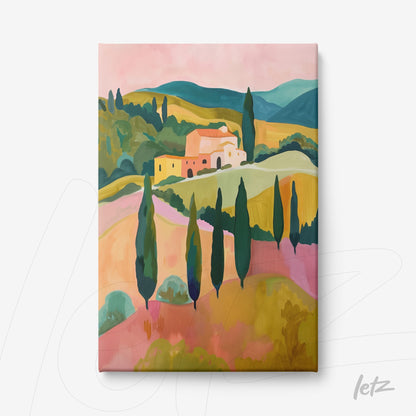 quadro em canvas com paisagem ilustrativa de um campo toscano com ciprestes e uma casa em tons pastel