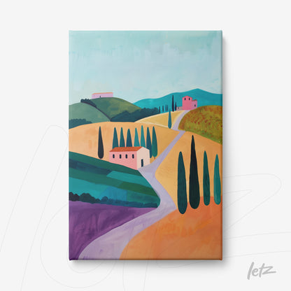 quadro em canvas com paisagem rural em tons vibrantes, apresentando colinas, ciprestes e casas coloridas
