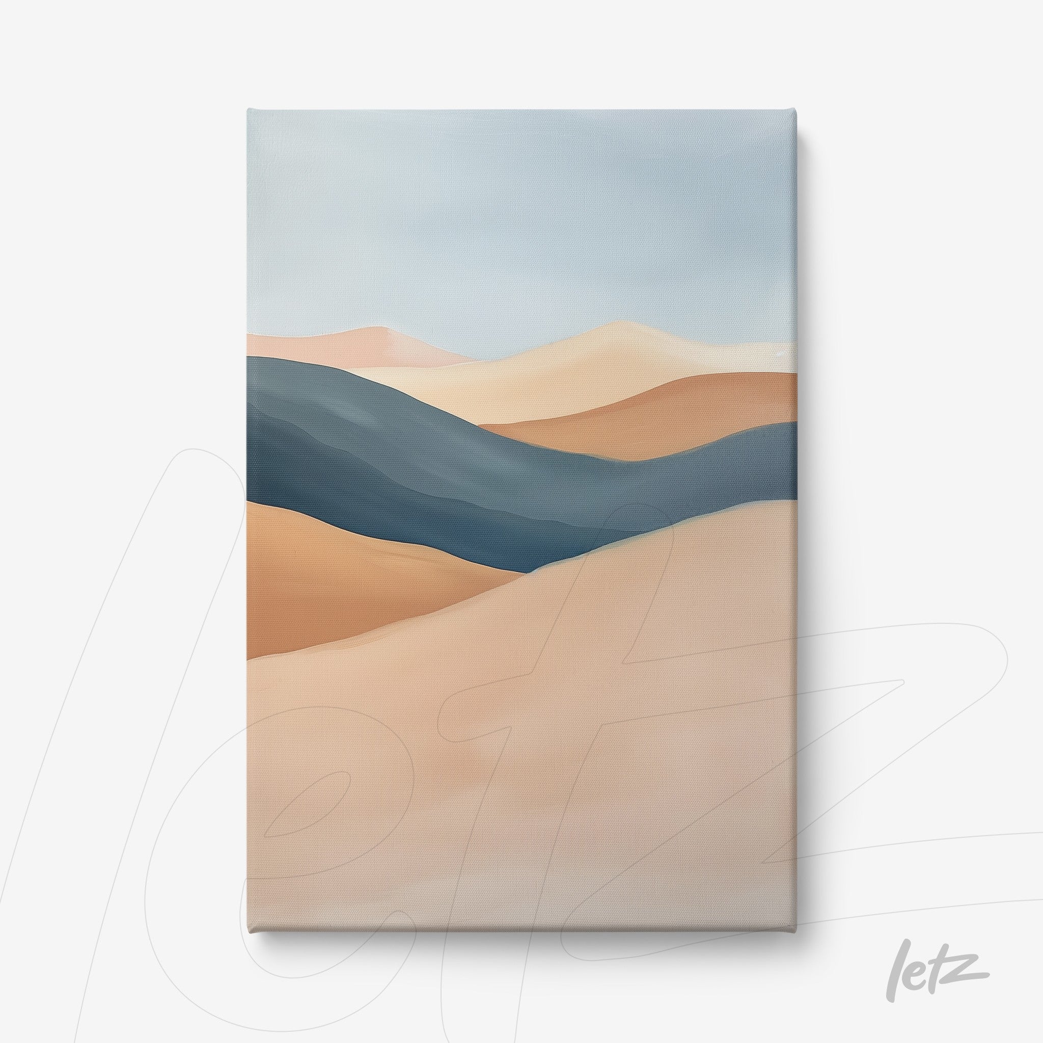 quadro em canvas com arte abstrata de paisagem desértica em tons de azul e terracota