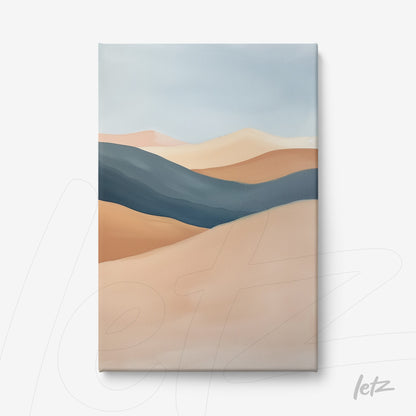 quadro em canvas com arte abstrata de paisagem desértica em tons de azul e terracota