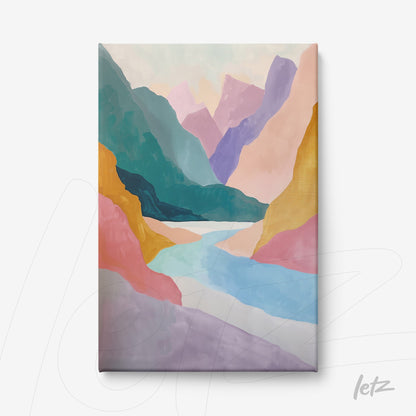 quadro em tela com paisagem abstrata de montanhas em tons pastel e rio sinuoso